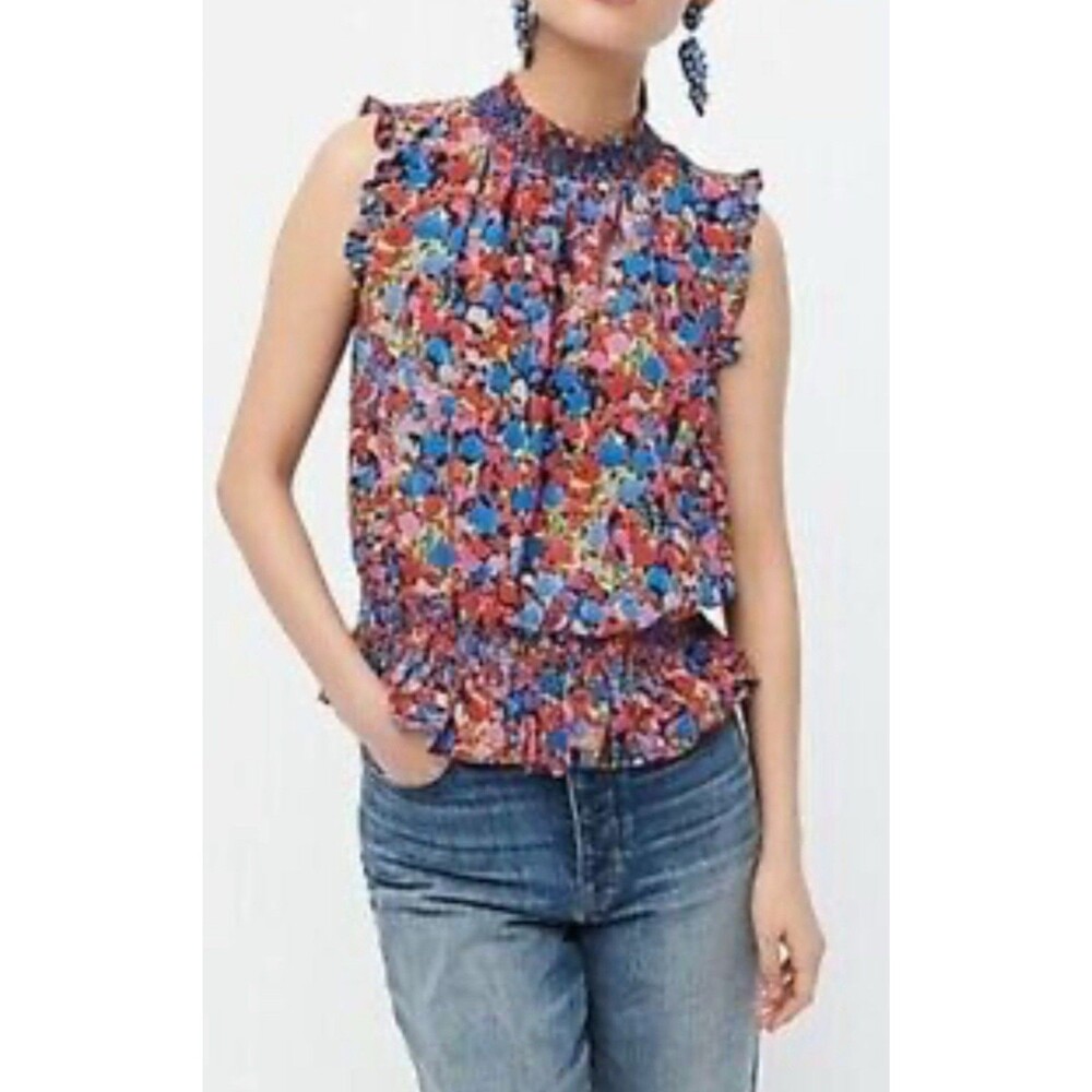J. Crew sleeveless smocked mock neck watercolor floral Size 4  A1035